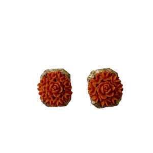 Vintage Celluloid Orange Coral Rose Flower Gold Tone Filigree Clip On Earrings